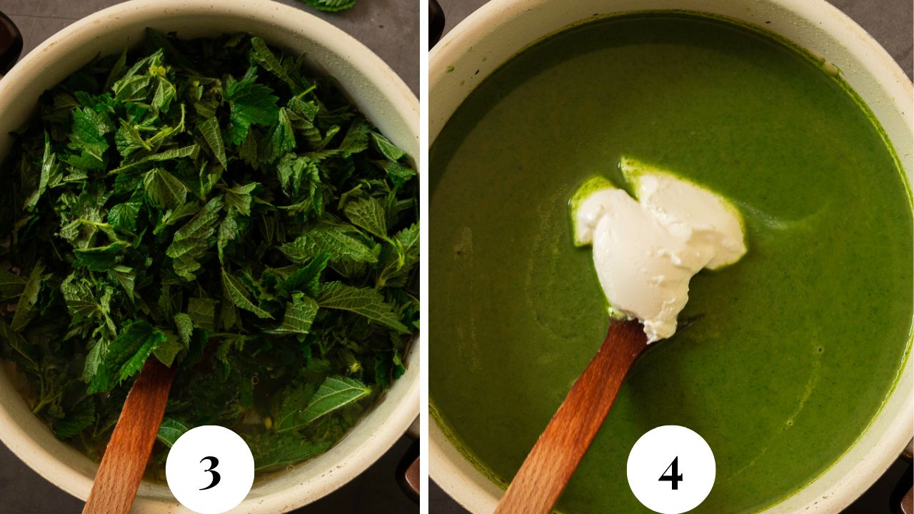 Two images, one shows a big bunch of fresh green stinging nettles being added to the pot and the second one shows the pureed soup with cream added.