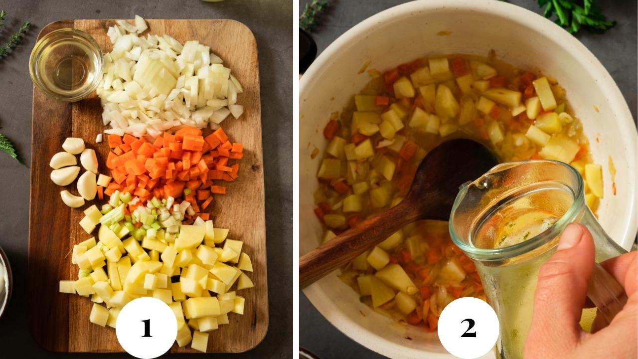 Two images, one shows the vegetables diced and the second one shows them being sauteed.