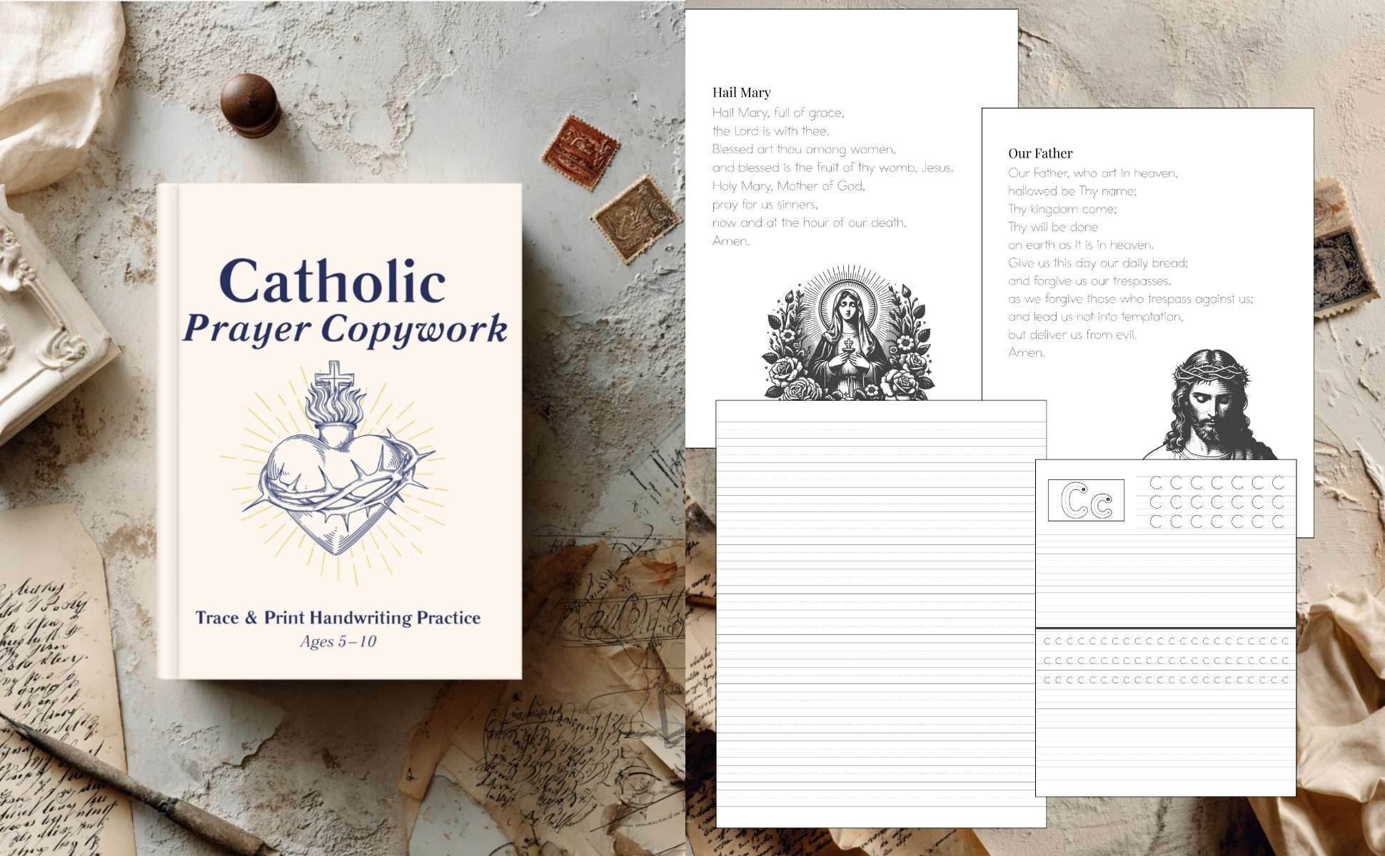 An image showing the Catholic Prayer trace and print workbook next to images of the interior pages and prayers.