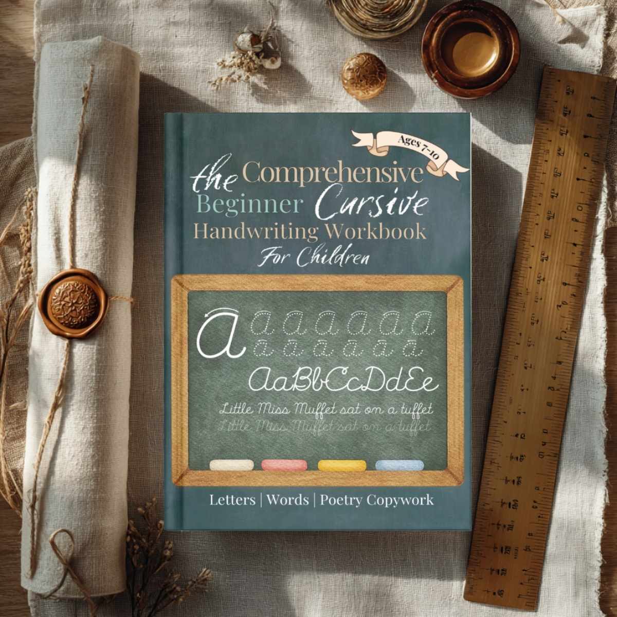 A copy of 'The Beginner Cursive Handwriting Workbook for Kids: Learn Cursive Through Letter Tracing, Word Practice, Poetry Copywork, and Beautiful Sentences' by Jana Dziak on a table.