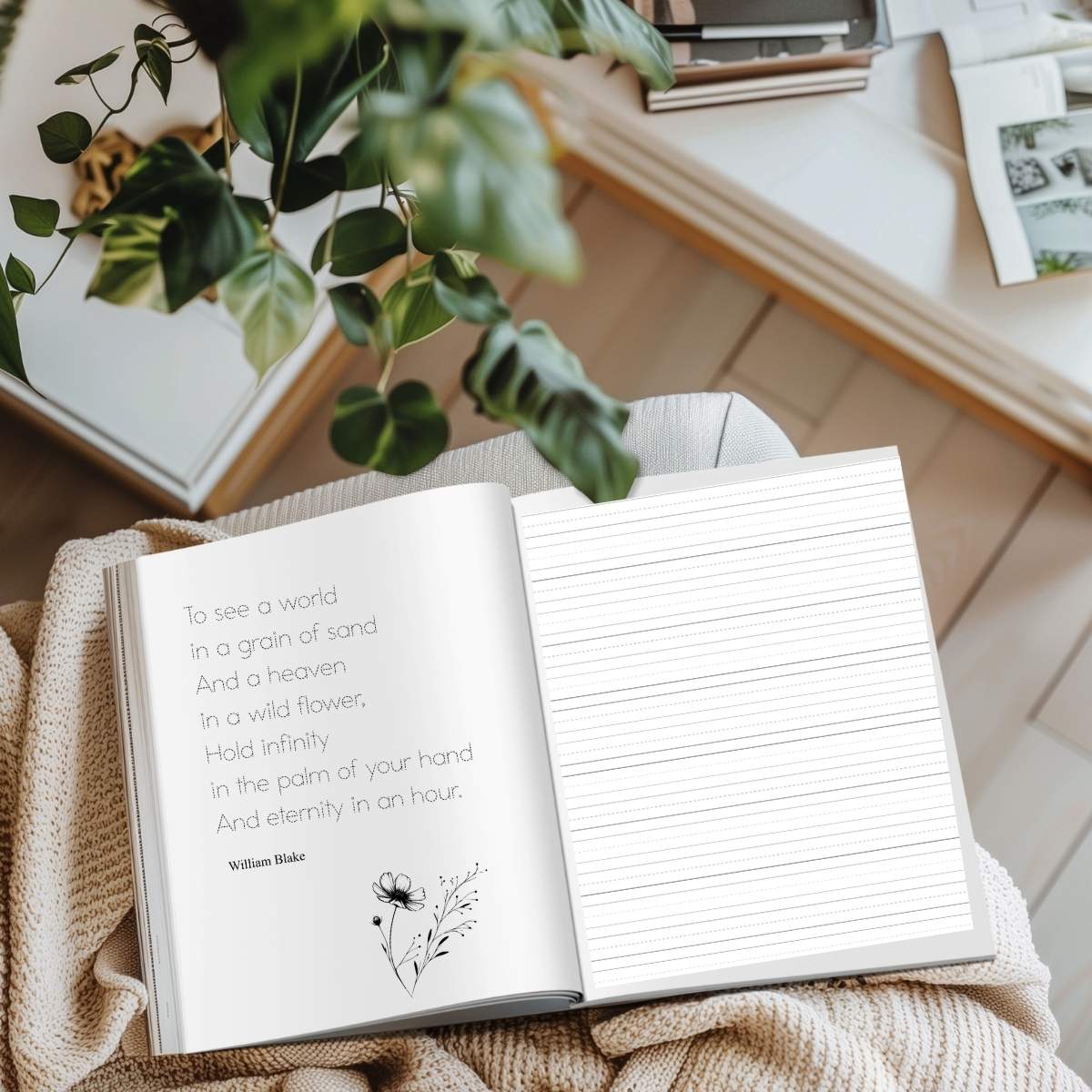 A copy of 'Charlotte Mason Cursive Copywork' by Jana Dziak on a table. It is open and showing the interior pages.