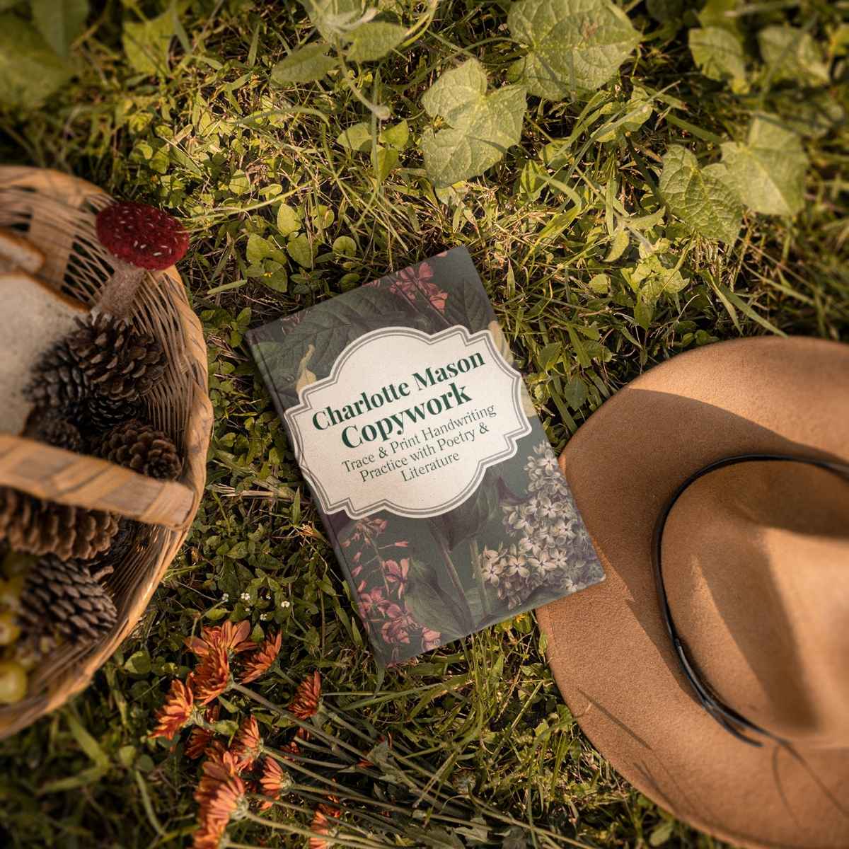 A copy of 'Charlotte Mason Cursive Copywork' by Jana Dziak on a grassy summer meadow.
