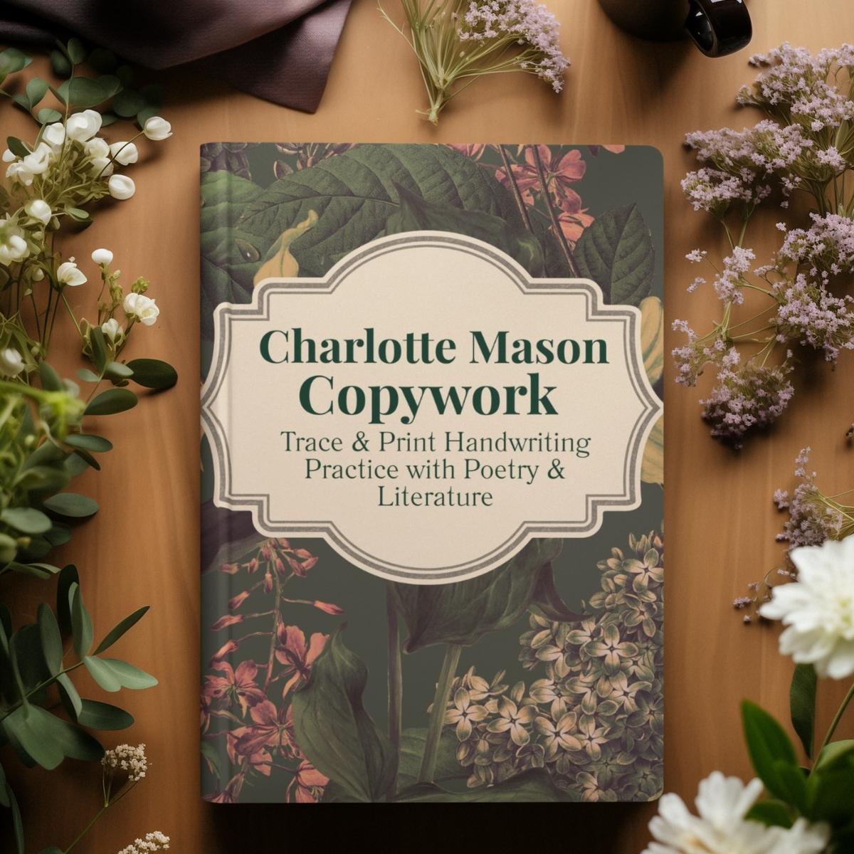 A copy of 'Charlotte Mason Copywork' by Jana Dziak on a table.