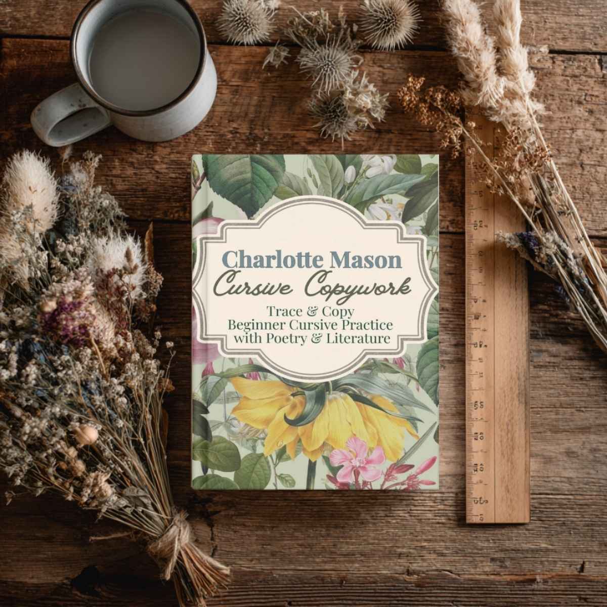 A copy of 'Charlotte Mason Cursive Copywork' by Jana Dziak on a table.