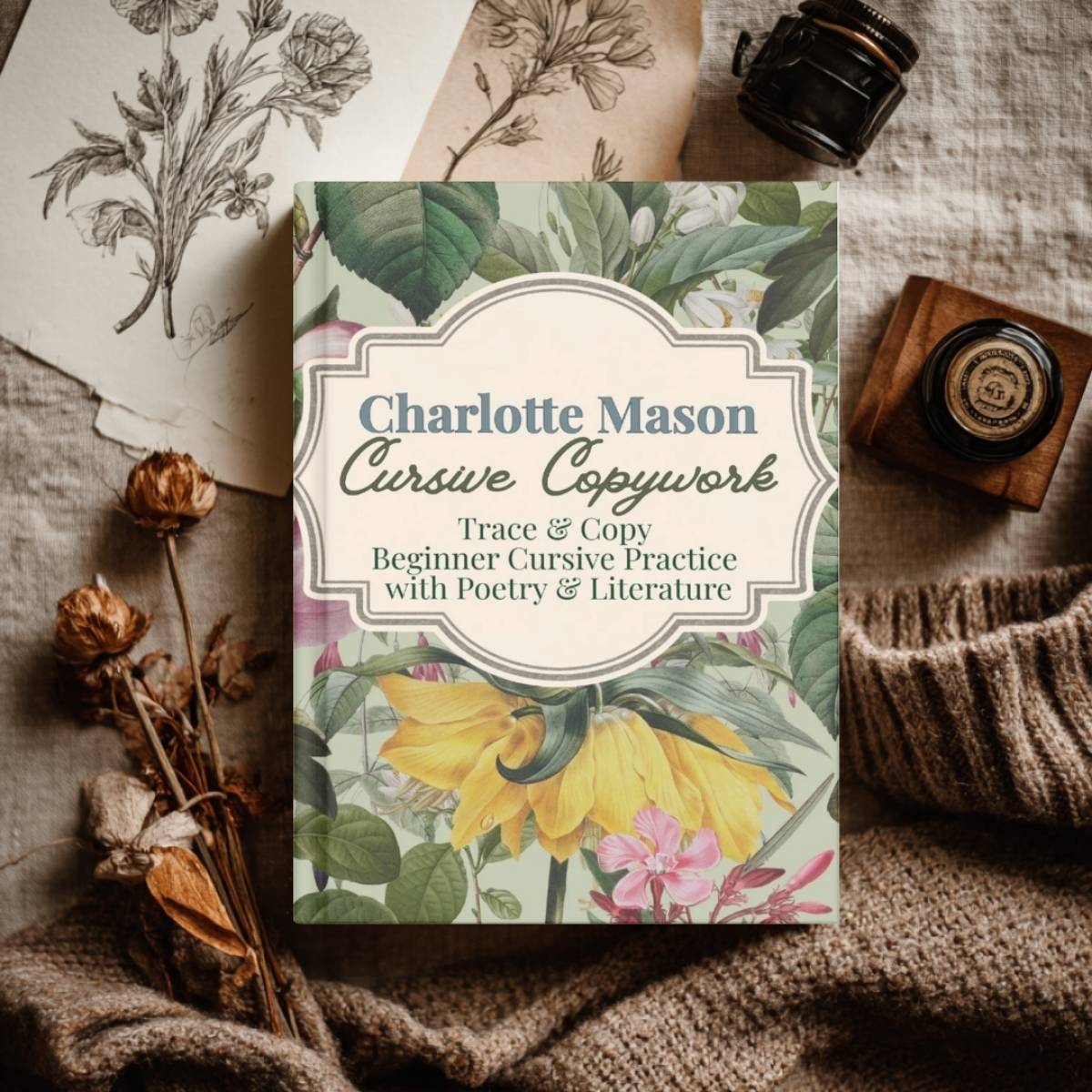 A copy of 'Charlotte Mason Cursive Copywork' by Jana Dziak on a table.