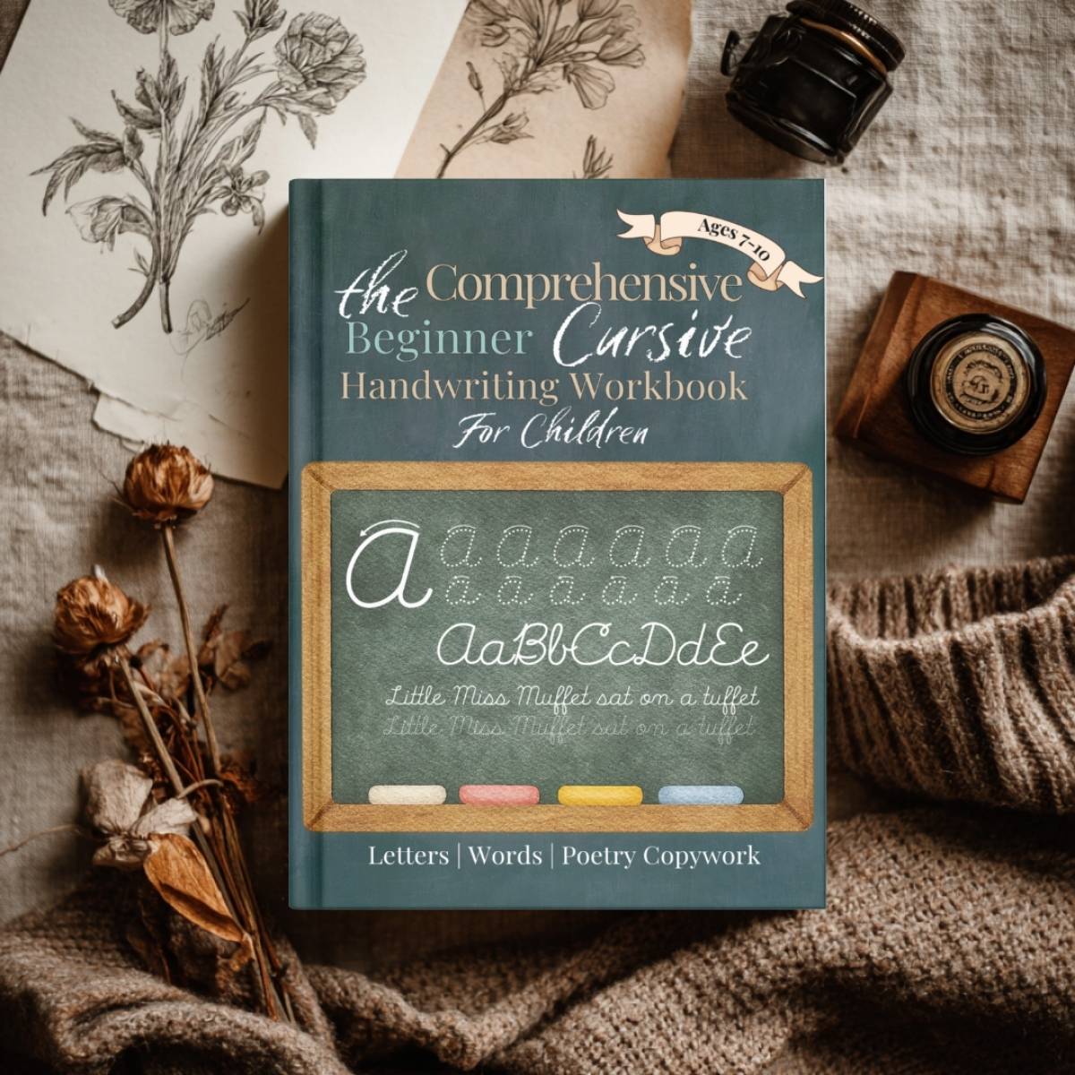 A copy of 'The Beginner Cursive Handwriting Workbook for Kids: Learn Cursive Through Letter Tracing, Word Practice, Poetry Copywork, and Beautiful Sentences' by Jana Dziak on a table.