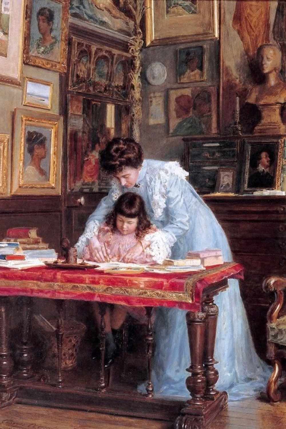 Painting of a mother teaching her daughter how to write.