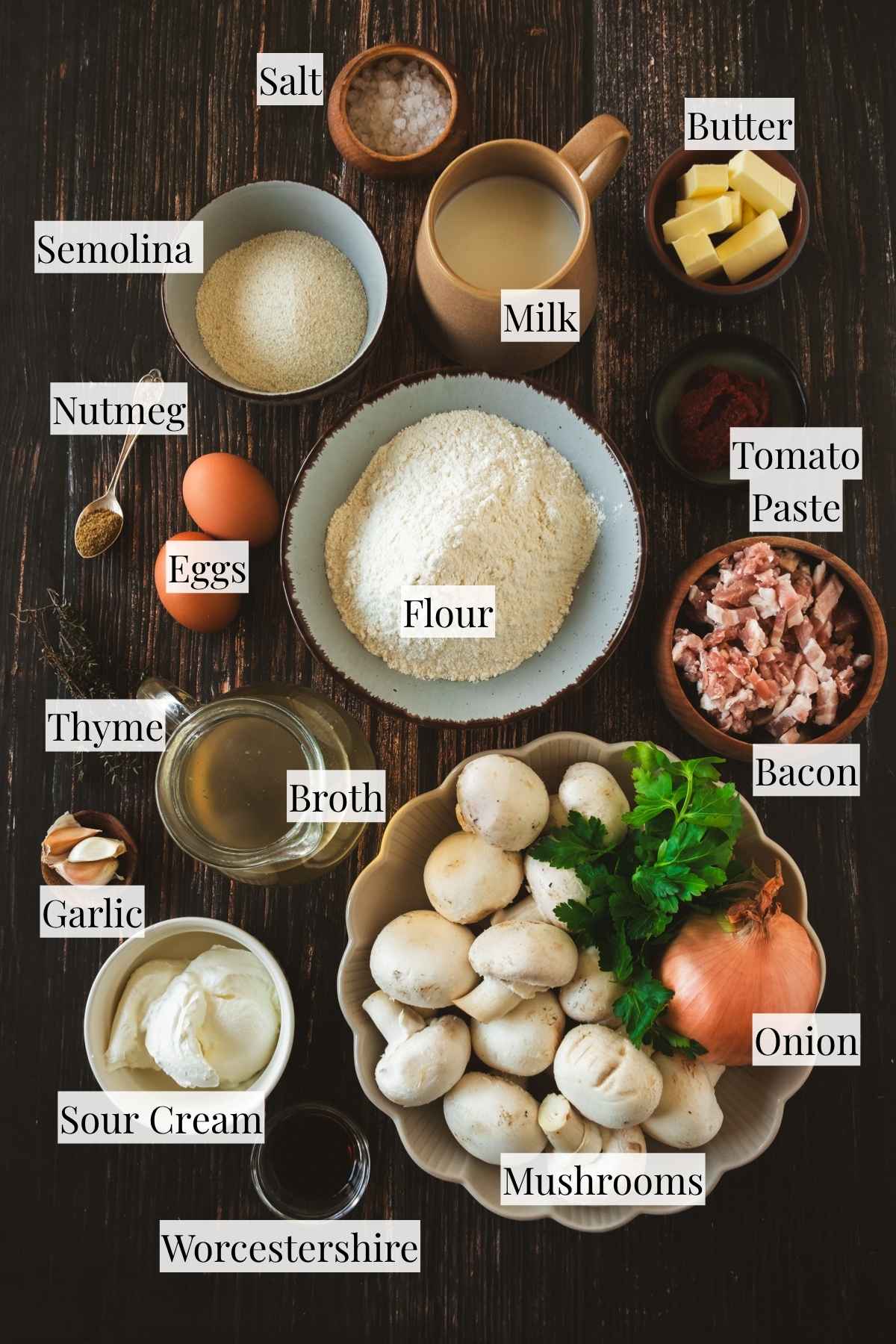 All of the ingredients needed to make spaetzle and mushroom hunter's sauce.