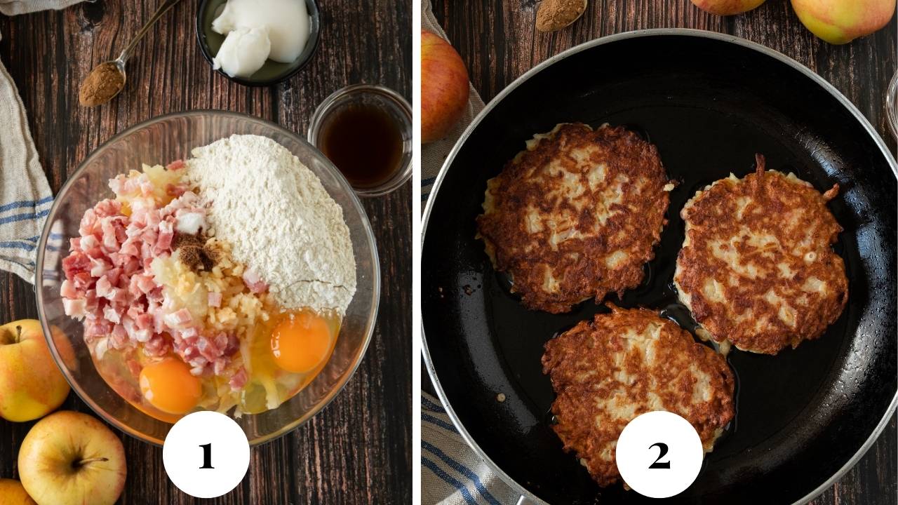 The raw ingredients mixed in a bowl and then fried to a golden crispy exterior.
