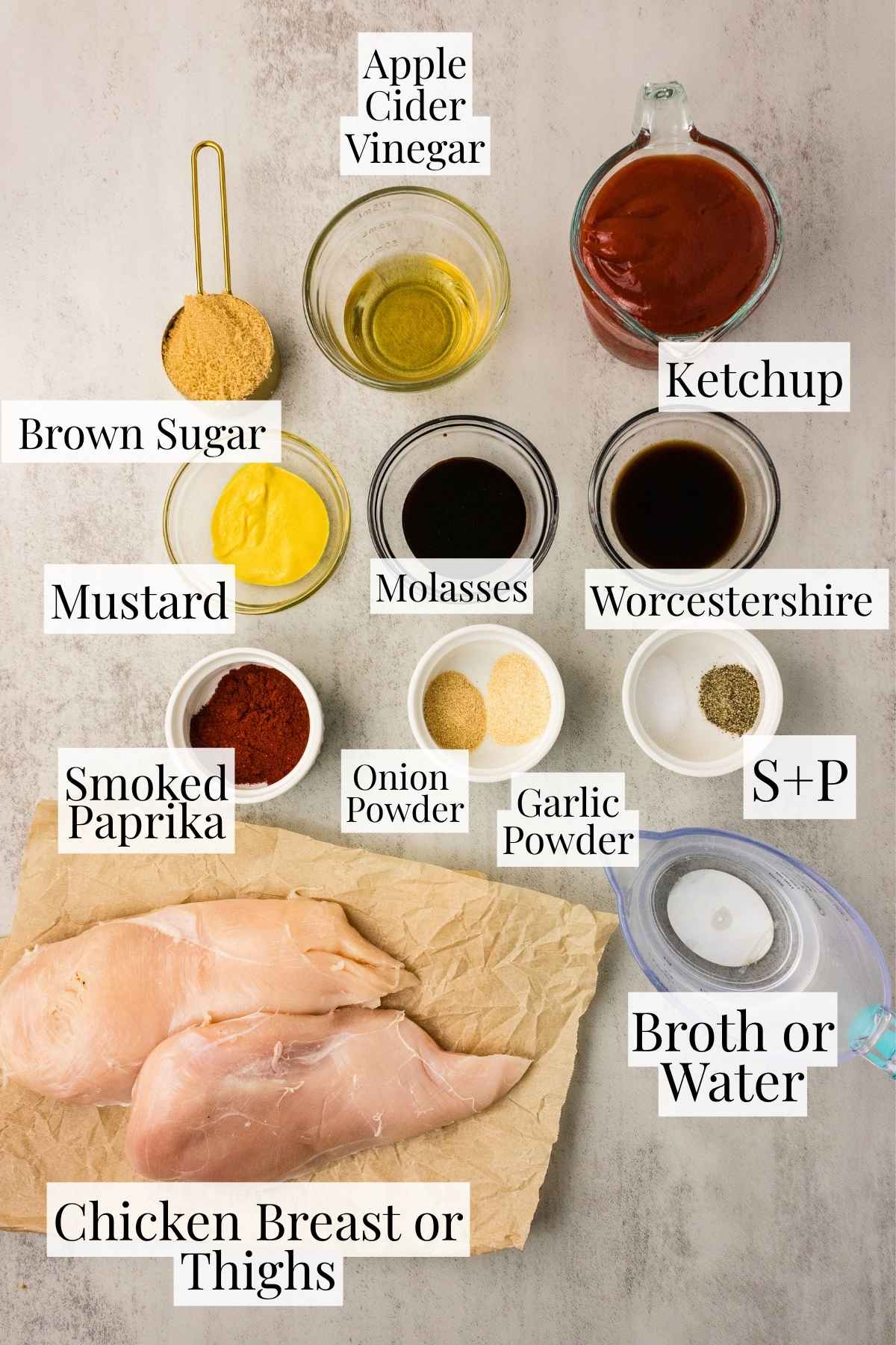 All of the ingredients needed to make this slow cooker BBQ shredded chicken recipe and the homemade BBQ sauce.