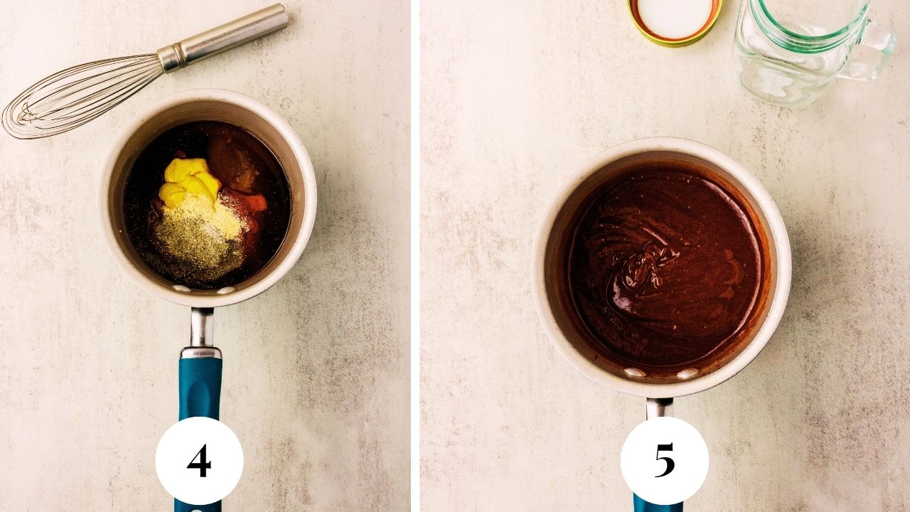 A sauce pan showing the homemade BBQ sauce ingredients and the finished sauce.