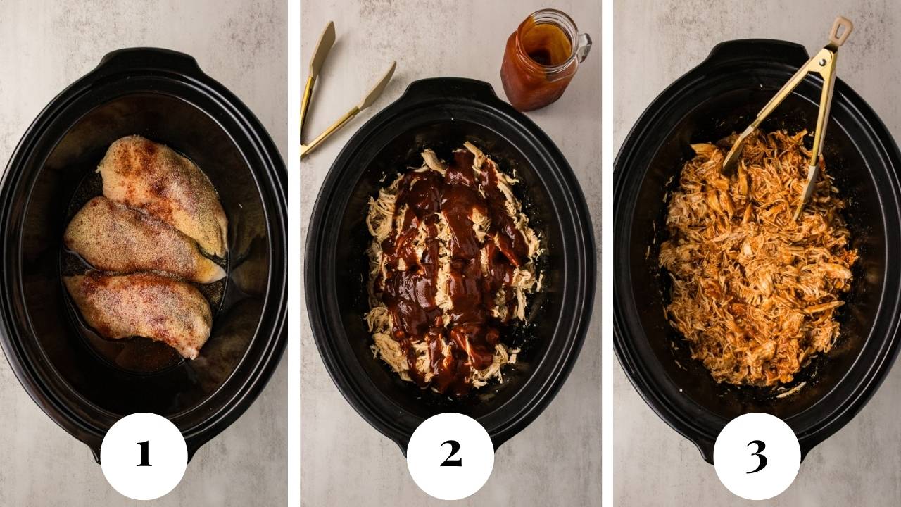 The process shots showing how this recipe is made in the slow cooker with the raw chicken breasts and seasonings, then the shredding of the meat, then the addition of the homemade BBQ sauce.
