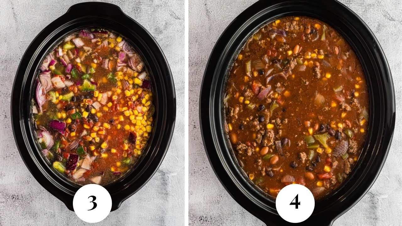Process photos of the recipe showing the soupy chil before it is cooked and the finished, thick, hearty result.