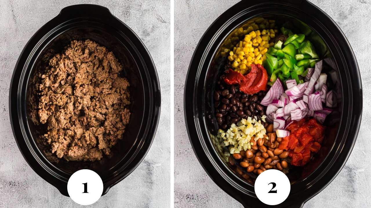 Process photos of the recipe showing the browned ground beef added to the Crock Pot followed by the diced fresh and canned vegetables.