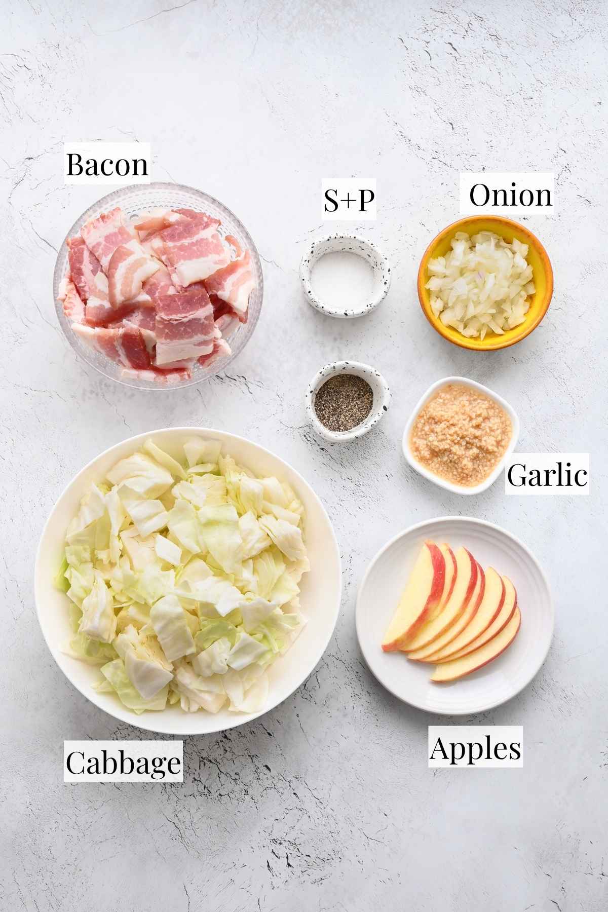A photo showing all of the ingredients needed to make this fried cabbage and bacon recipe.
