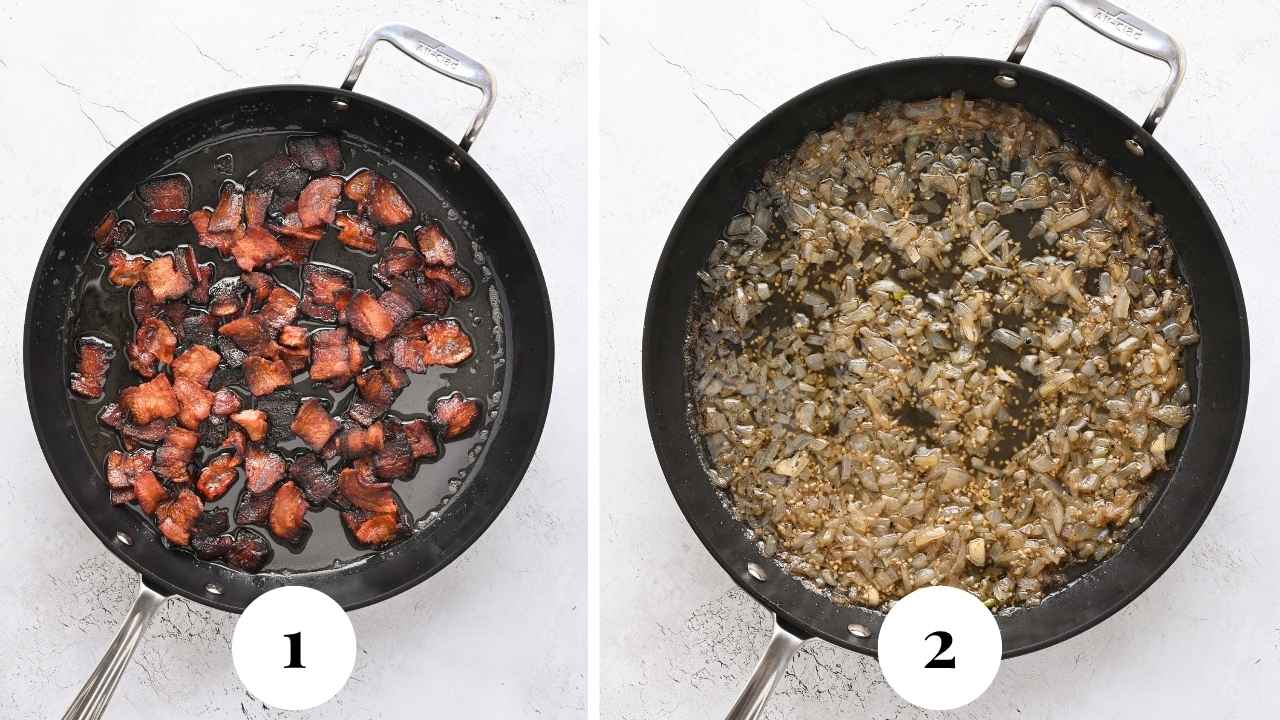 A skillet showing cooked, crispy bacon one with diced onions being browned.