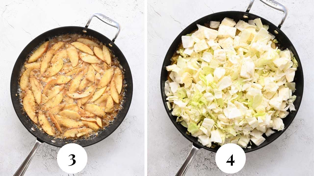 A skillet with apples cooking with onions and one with green cabbage added.