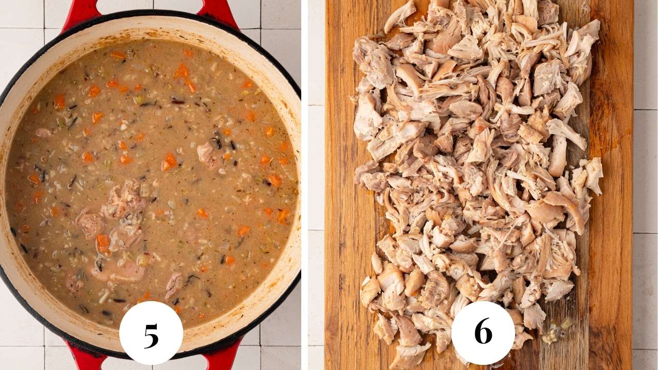 The chicken soup is coming together with the shredded chicken being added back in.