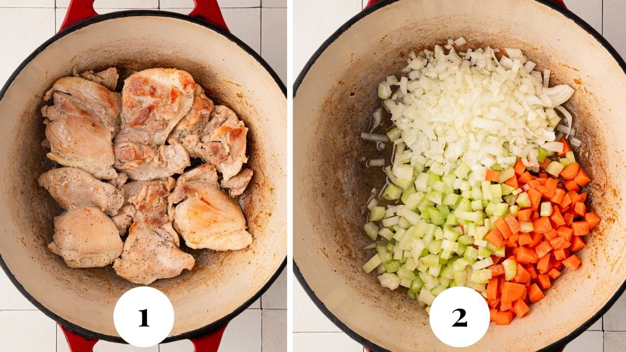 A large pot with chicken thighs being browned and then removed so the aromatics can be sautéed in the remaining fat.