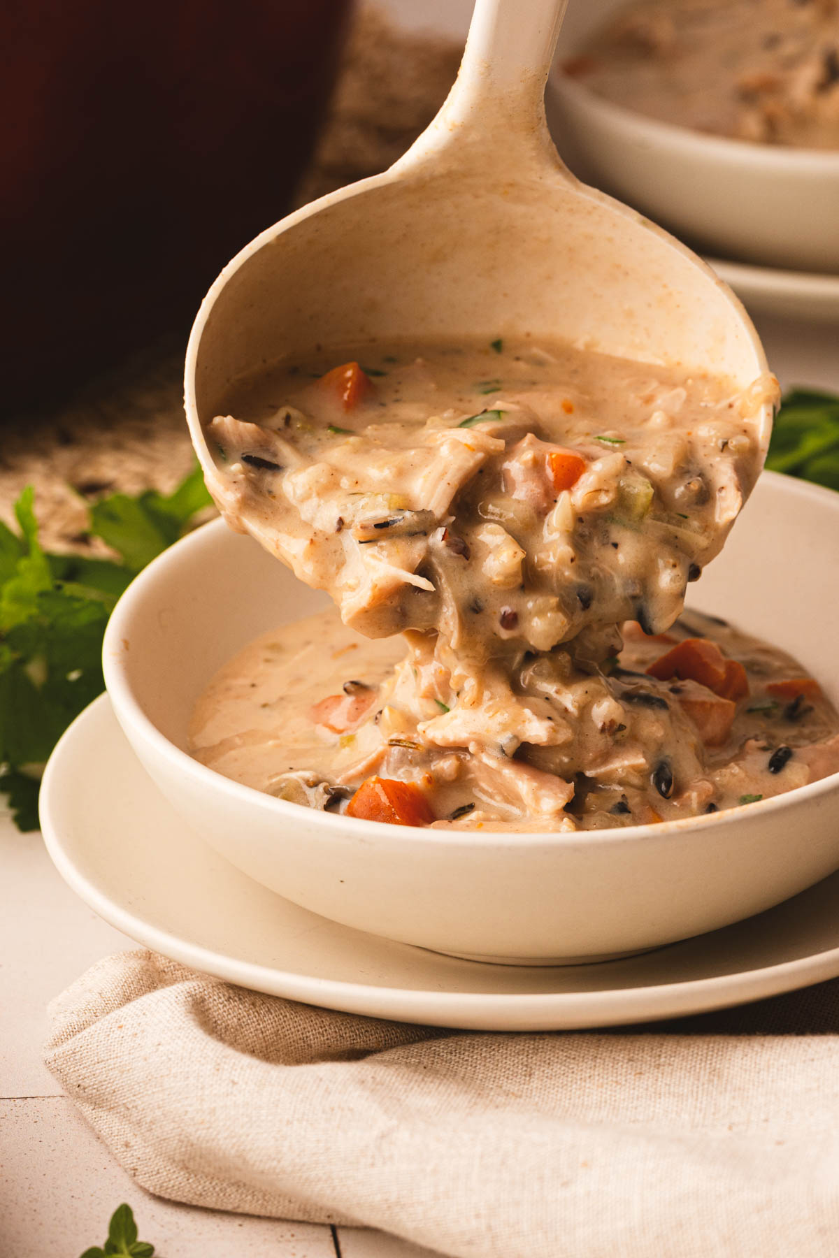 Creamy chicken and wild rice soup being ladled into a bowl, with pieces of chicken, wild rice, and vegetables in a rich, creamy broth.