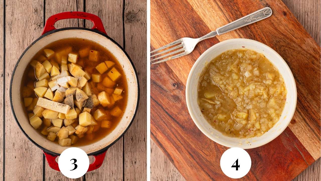 Liquids and other ingredients being added to soup in pot and reserve potatoes being mashed in a small bowl.