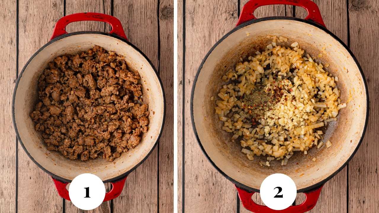 Italian sausage being browned in a Dutch oven and then other ingredients added.