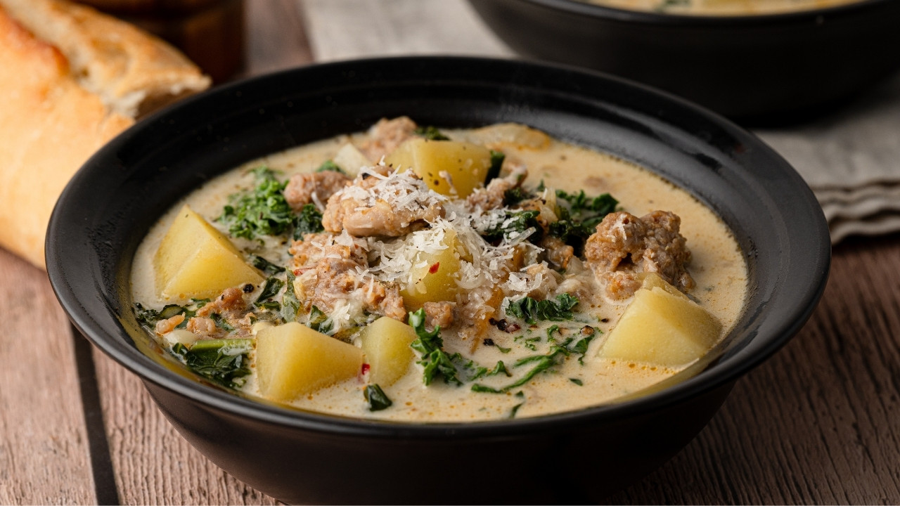 A bowl of sausage, potato and kale soup with Italian sausage, chunks of potatoes, and fresh kale in a creamy Parmesan broth, topped with freshly grated Parmigiano Reggiano.