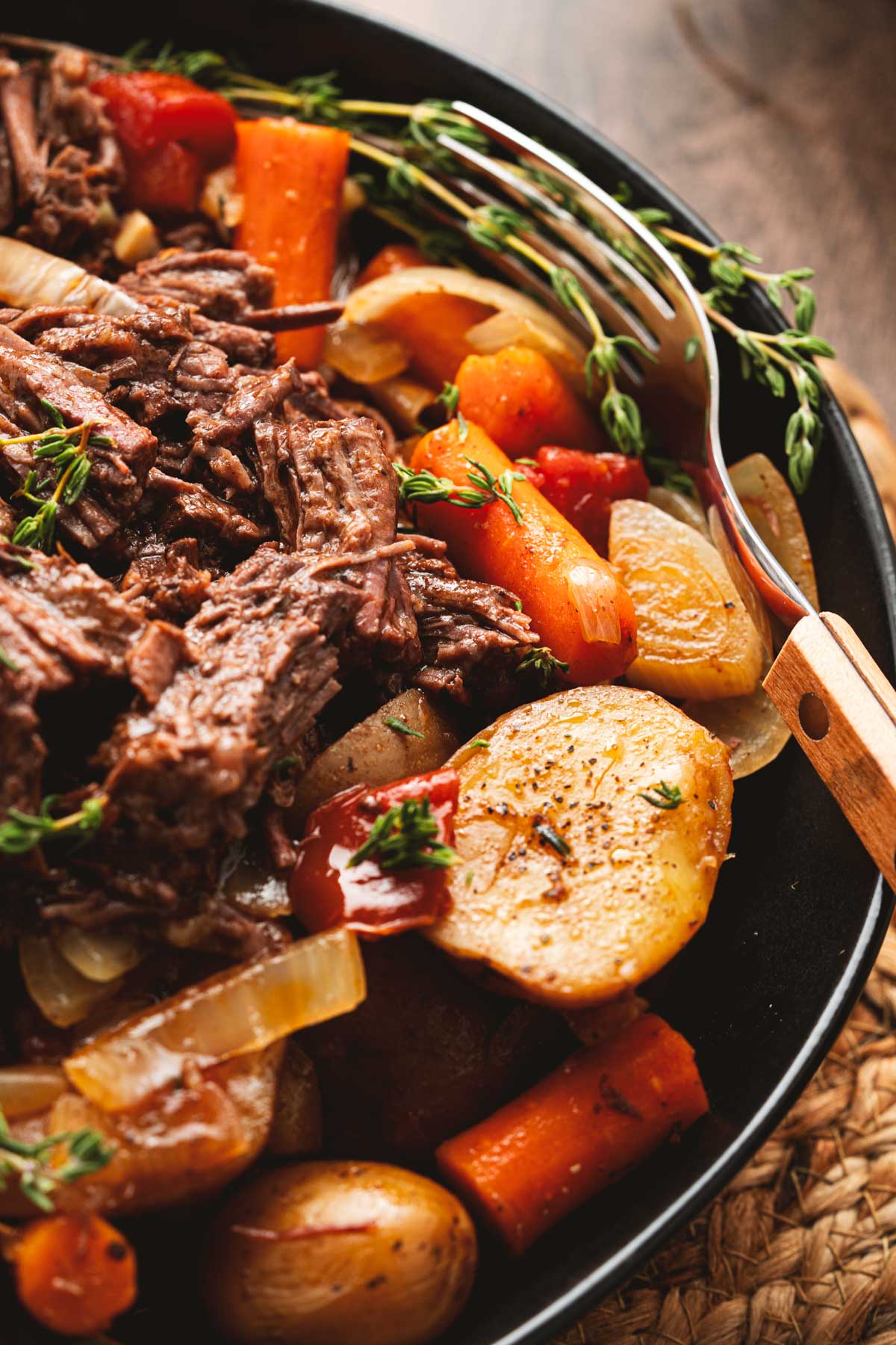A plate of the slow cooker beef and vegetables.