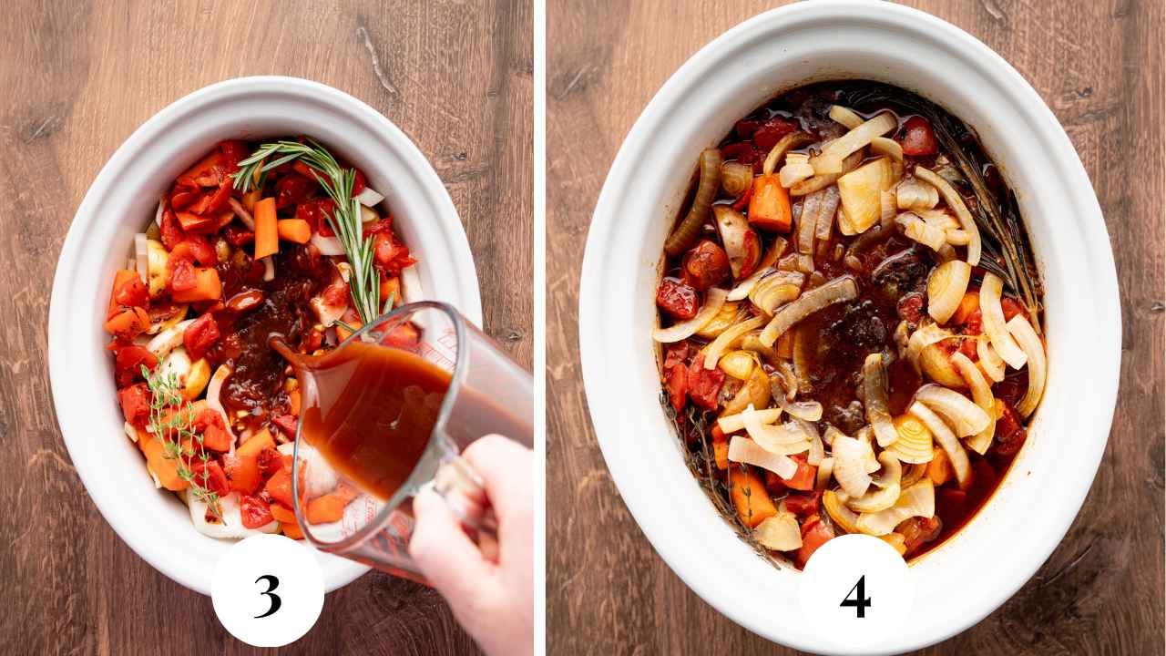The slow cooker with all the ingredients and liquid being poured in.